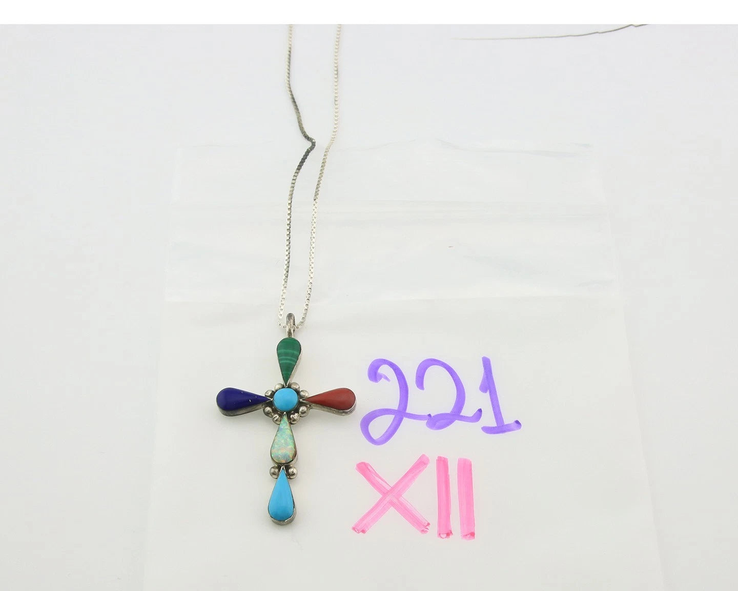 Navajo Cross Necklace Sterling Silver Natural Gemstones Artist Signed CC