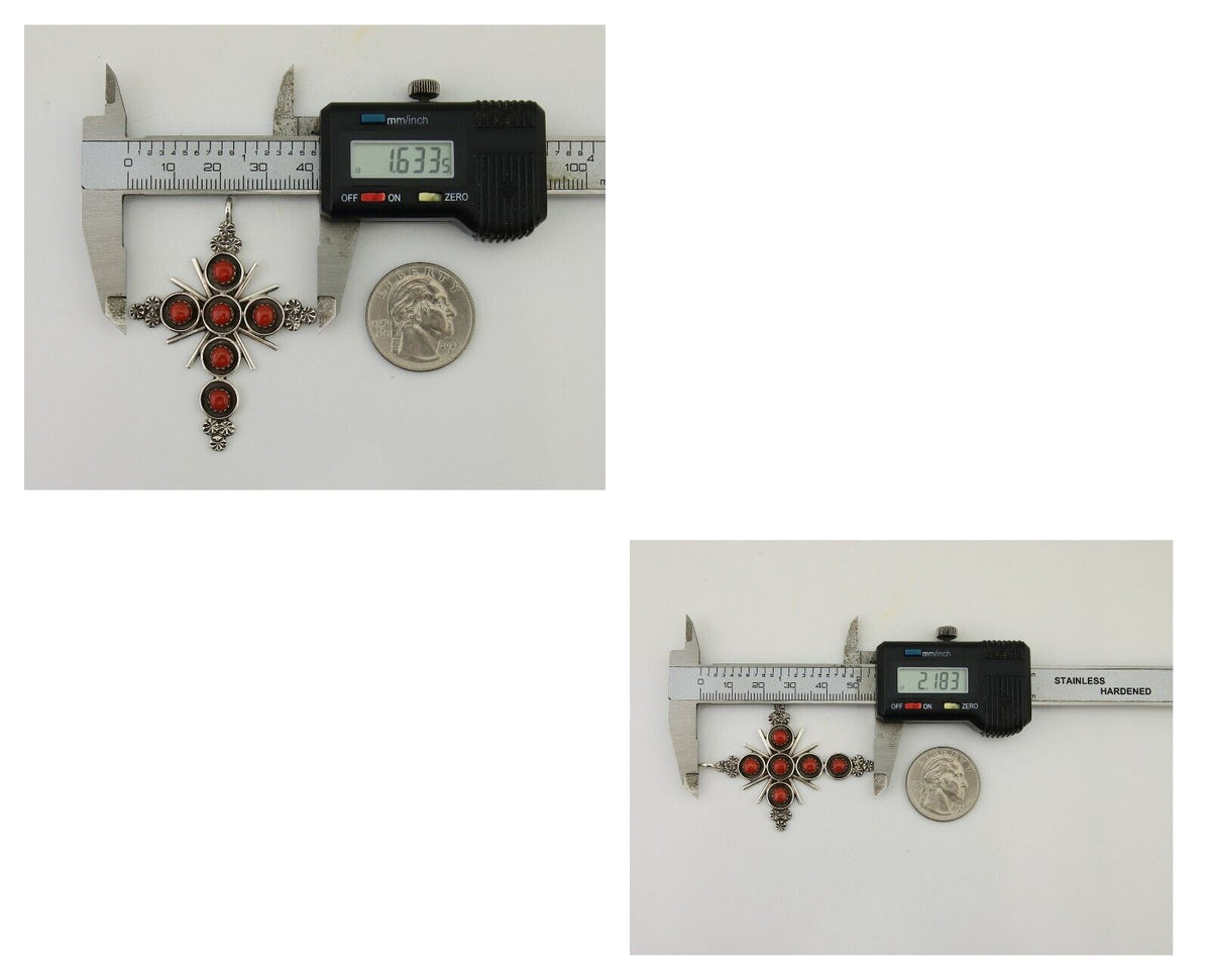 Zuni Cross Pendant 925 Silver Mediterranean Coral Artist Signed Lonasee C.80's