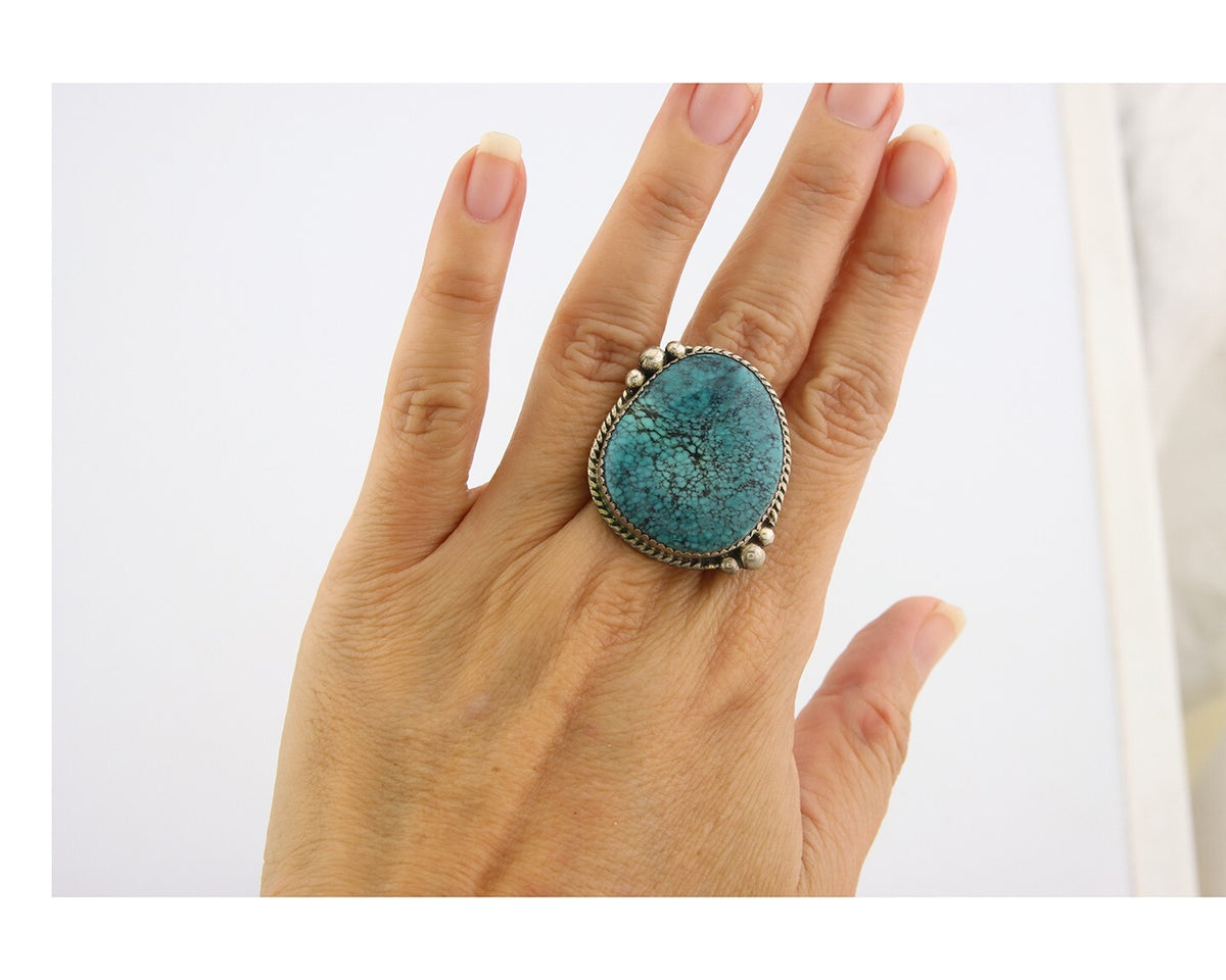 Navajo Ring 925 Sterling Spiderweb Blue Turquoise Native Artist C.80's Size 9.0