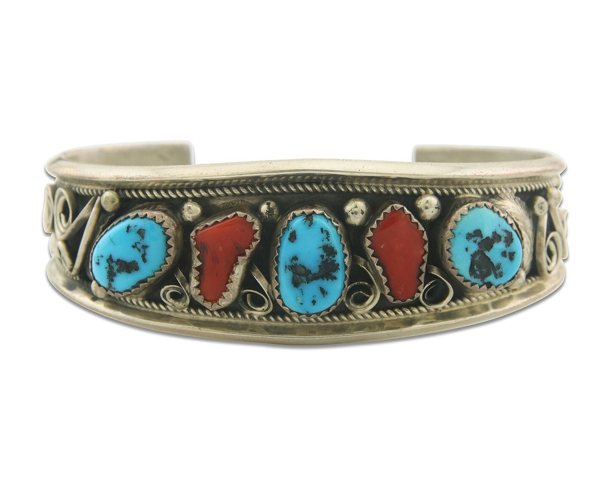 Vintage Navajo Bracelet 925 Silver Handmade Authentic Gemstone Signed JM