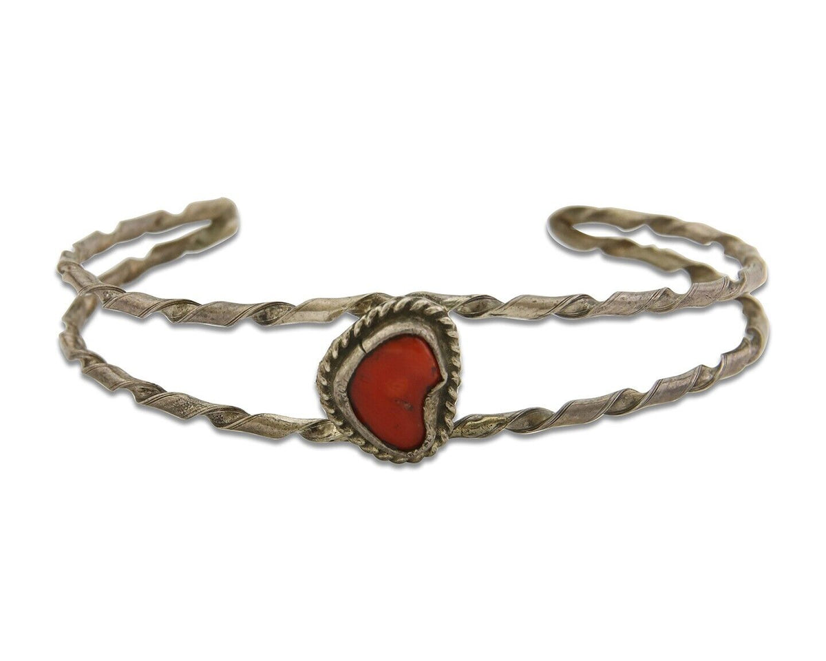 Navajo Bracelet .925 Silver Mediterranean Red Coral Cuff Native Artist C.80's