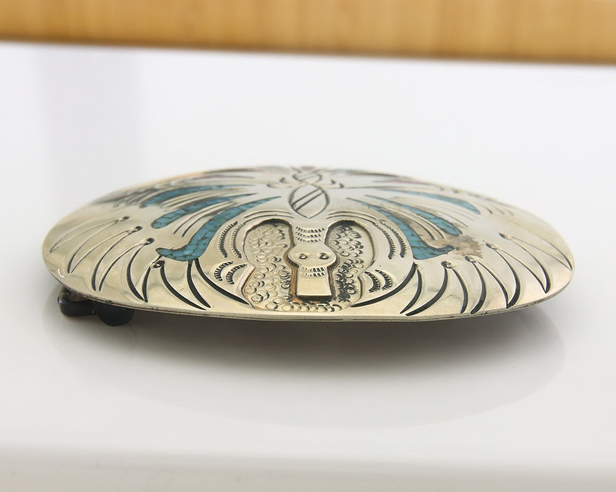 Navajo Belt Buckle .999 Nickel Buffalo Gemstone Signed Chee Keams 3x3.5 in C.80s