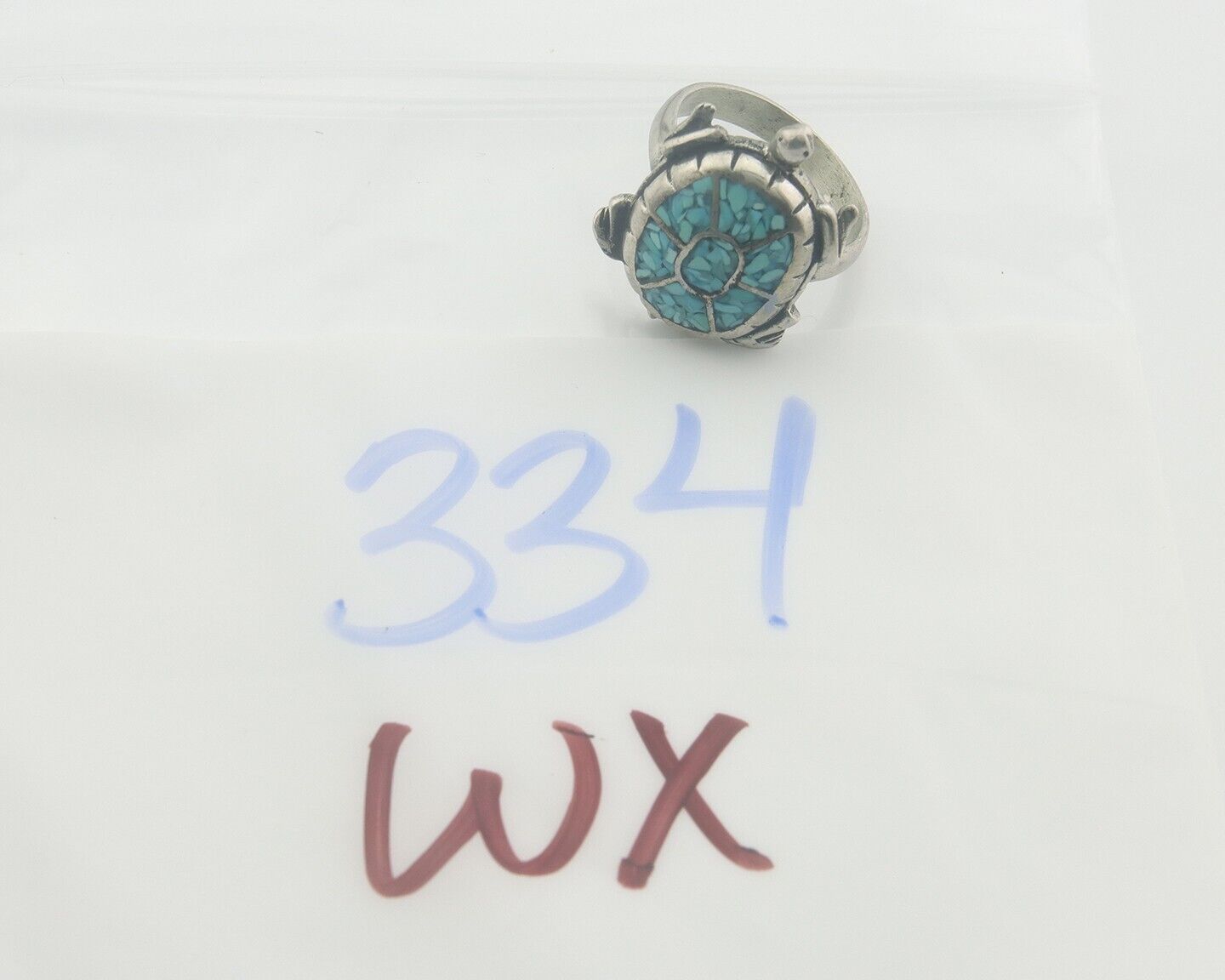 Navajo Ring 925 Silver Inlaid Turtle Turquoise C.80's Size 8.0