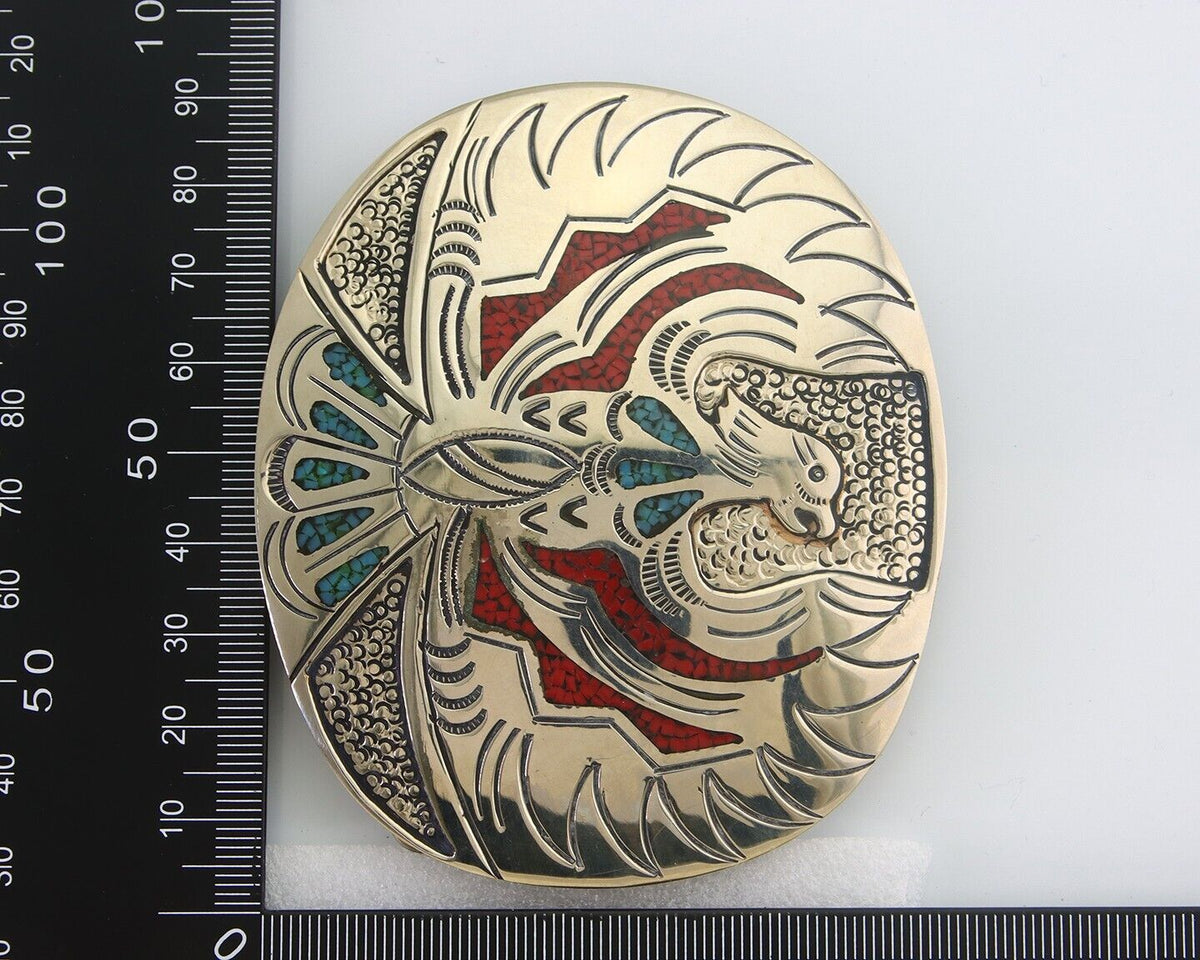 Navajo Belt Buckle .999 Nickel Buffalo Gemstone Signed Chee Keams 3x3.5 in C.80s