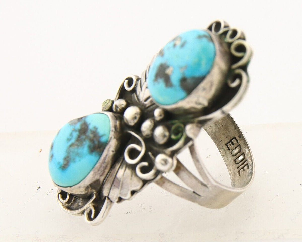 Navajo Ring 925 Sterling Turquoise Signed Eddie C.80's Size 8.5