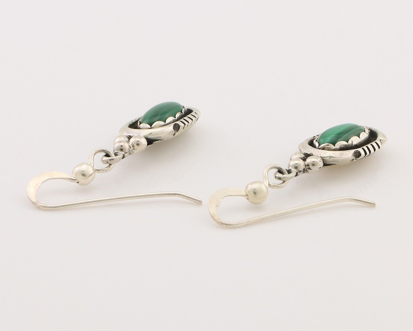 Navajo Dangle Earrings 925 Silver Natural Malachite Native American Artist C.80s
