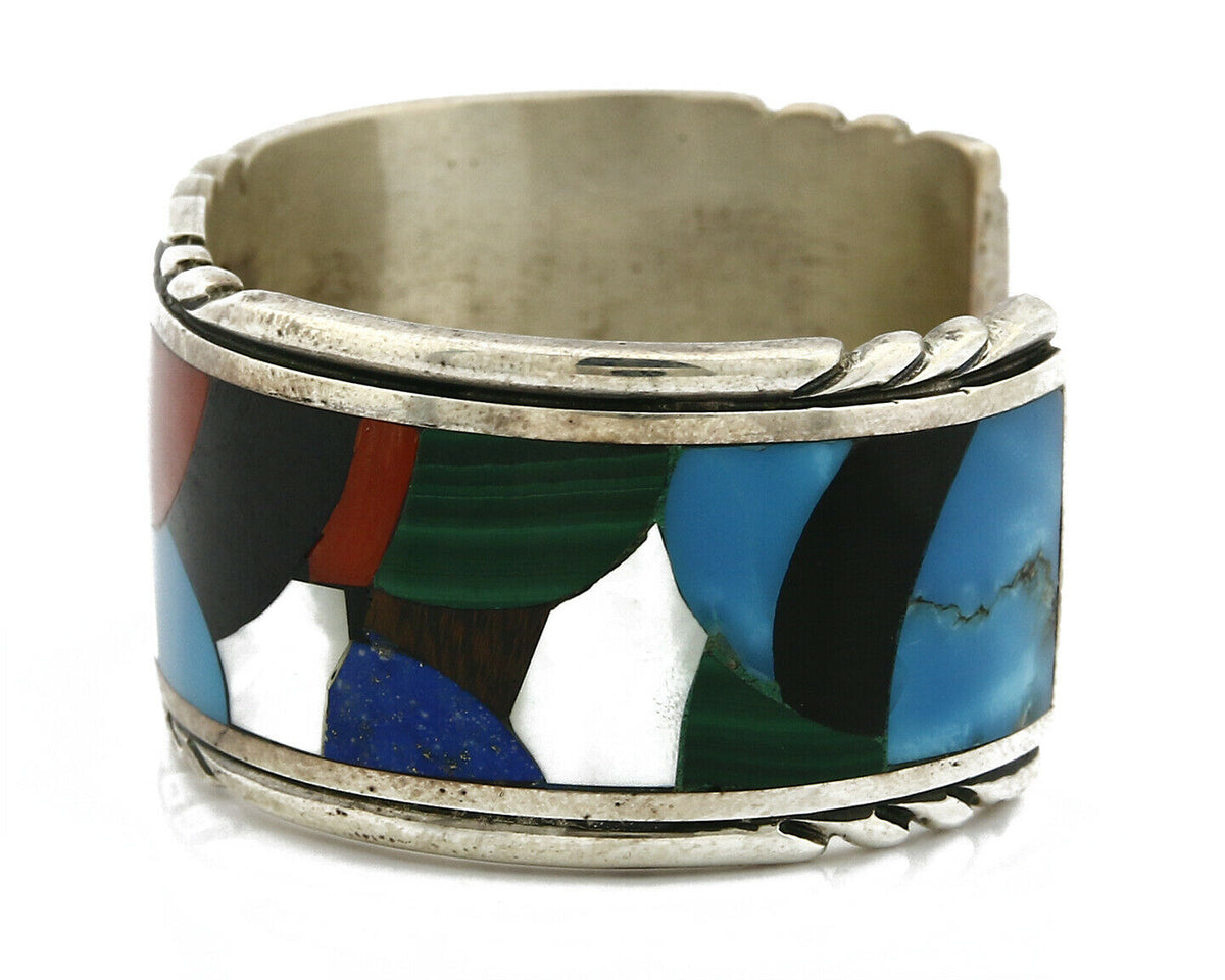 Navajo Jerry Cowboy Signed .925 Silver Gemstone Handmade Unique Cuff