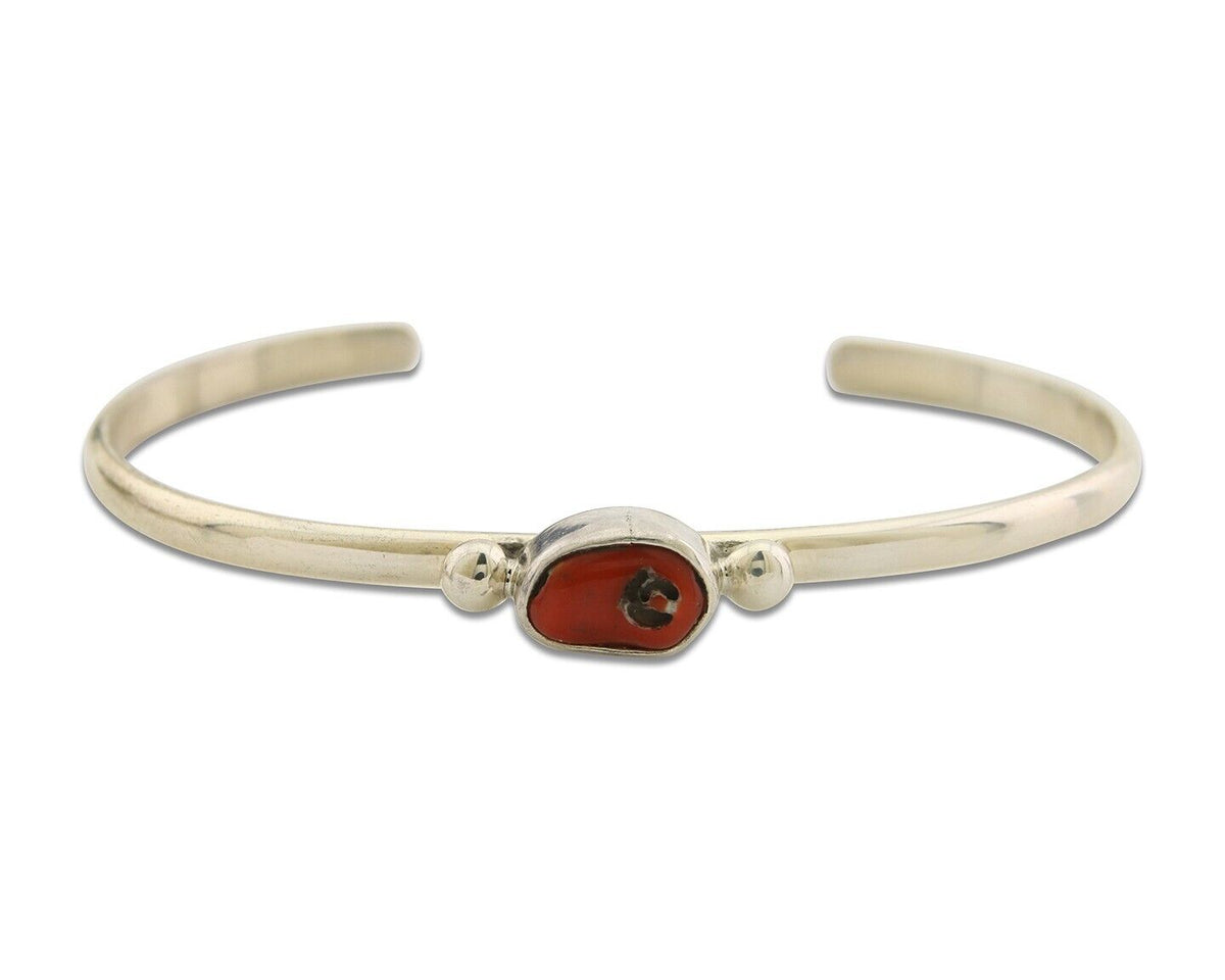 Navajo Bracelet .925 Silver Natural Red Coral Cuff Native American Artist C.80's