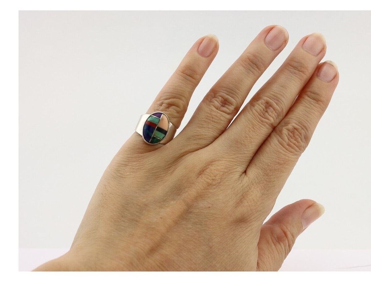 Zuni Inlaid Ring 925 Silver Mixed Natural Gemstones Native American Artist C.80s