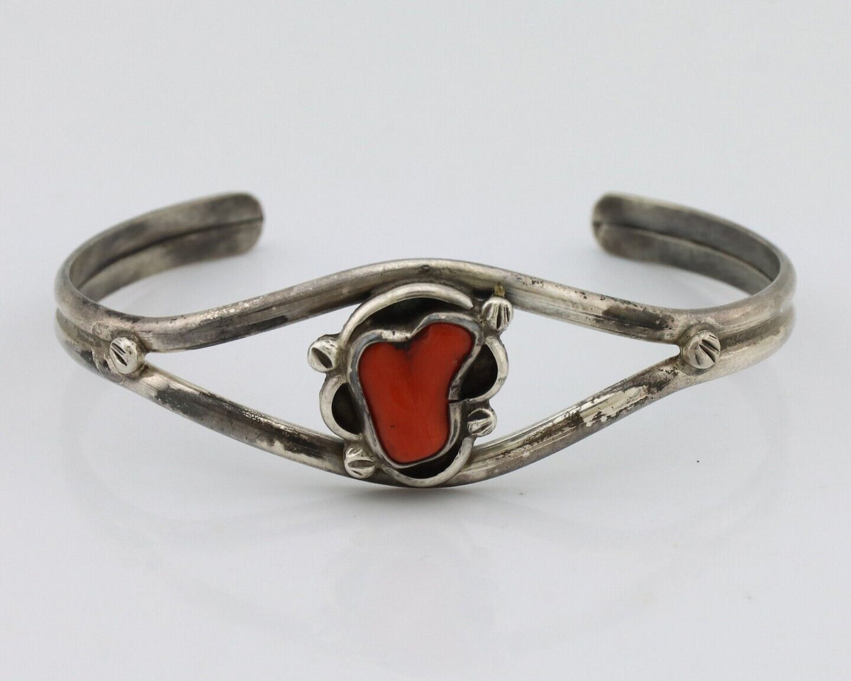 Navajo Bracelet 925 Silver Natural Red Coral Native American Artist C.80's