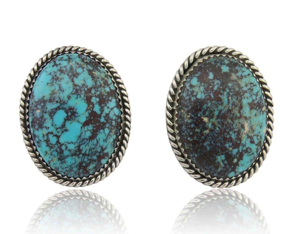 Navajo Earrings 925 Silver Blue Diamond Turquoise Signed Running Bear C.80's