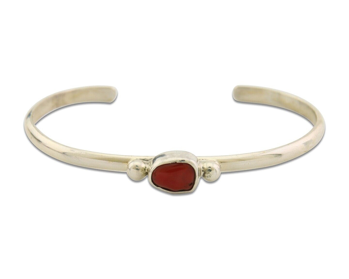 Navajo Bracelet .925 Silver Natural Red Coral Cuff Native American Artist C.80's