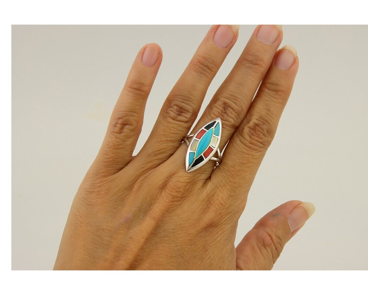 Navajo Ring 925 Silver Turquoise Shell Onyx Spiney Oyster Native Artist C80's