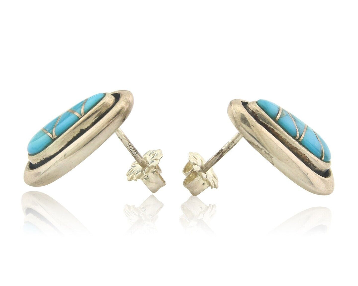 Navajo Earrings 925 Silver Handmade Natural Turquoise Signed W Musket Jr C80s
