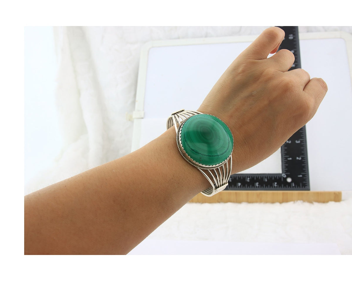 Navajo Cuff Bracelet Sterling Silver Malachite Vintage Signed A Whitegoat