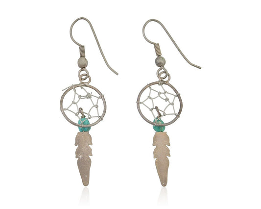 Navajo Dangle Dream Catcher Earrings 925 Silver Blue Turquoise Native Artist C80