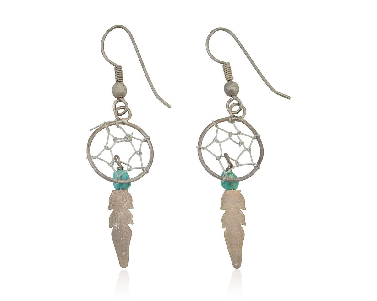 Navajo Dangle Dream Catcher Earrings 925 Silver Blue Turquoise Native Artist C80
