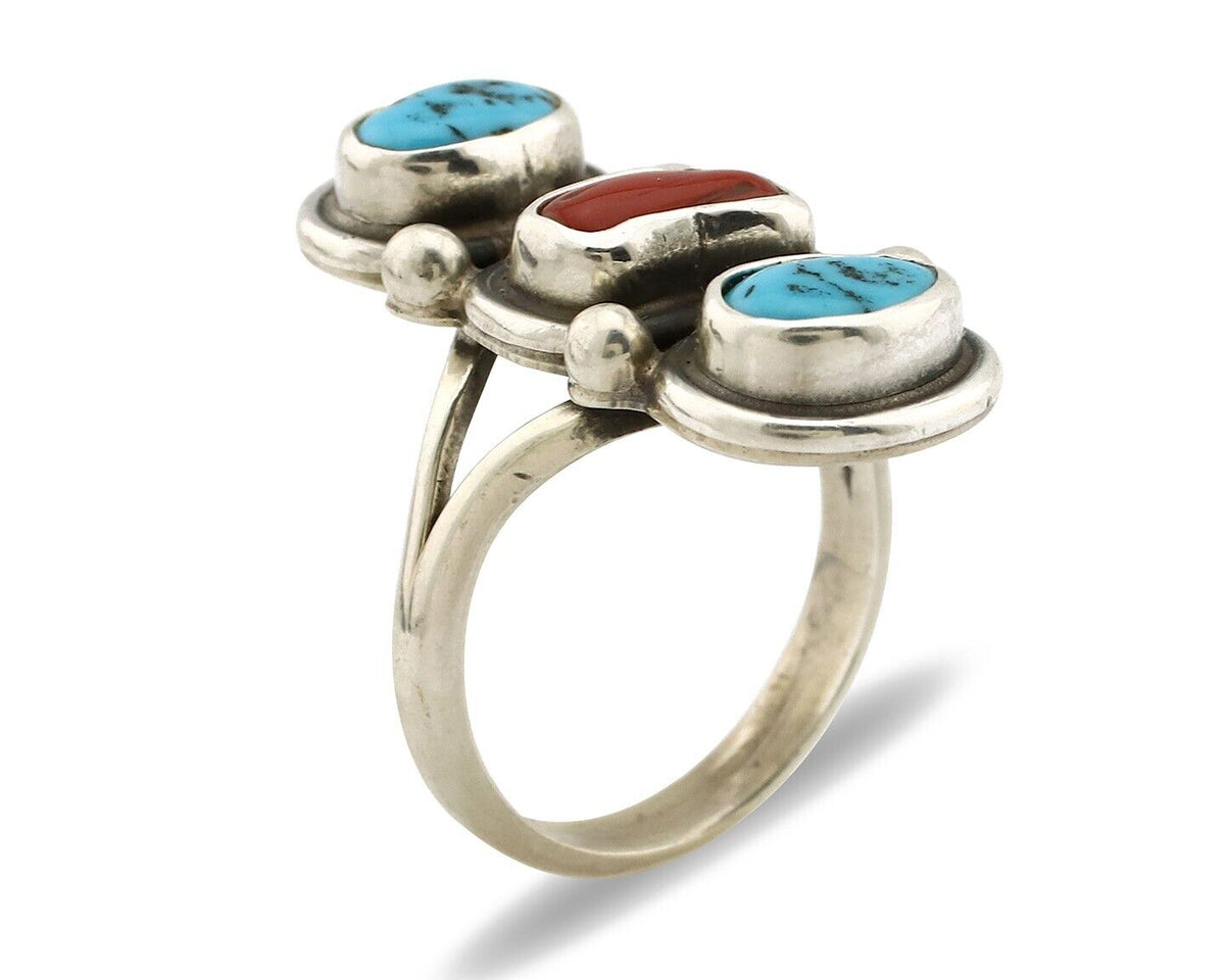 Navajo Ring 925 Silver Sleeping B Turquoise & Coral Native American Artist C.80s