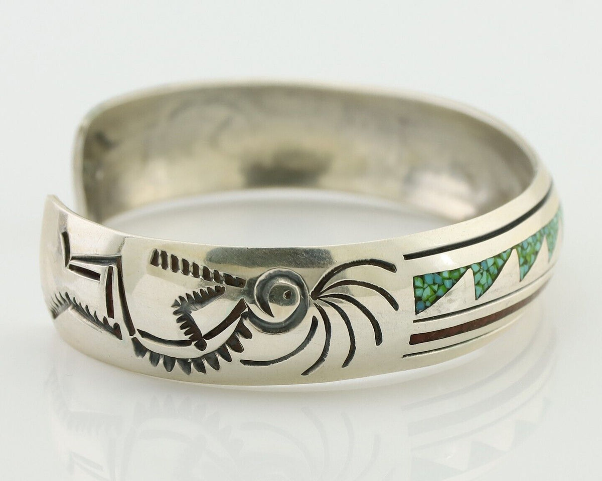 Navajo Inlay Bracelet 925 Silver Turquoise & Coral Signed Stanely Bain C.80's