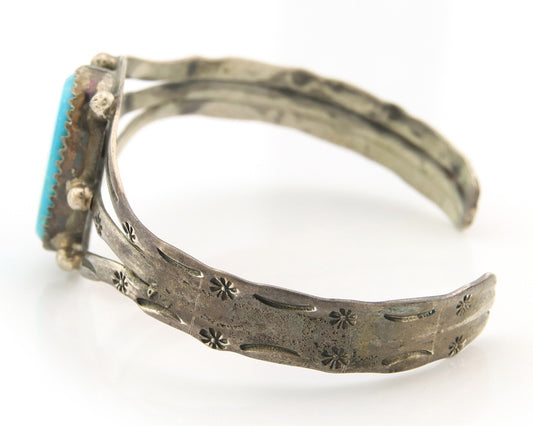 Navajo Bracelet Sterling Silver Turquoise Hand Stamped Native American Artist