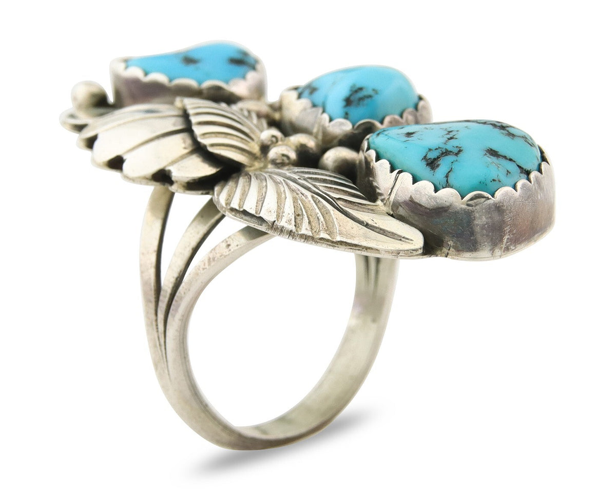 Navajo Ring 925 Sterling Natural Mined Turquoise Signed Arrow C.80's Size 8.25