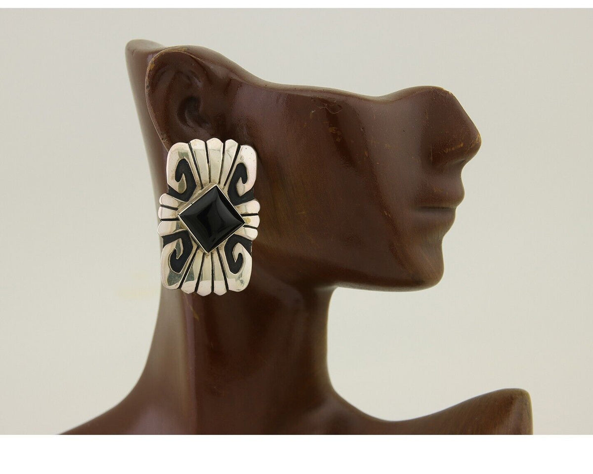 Navajo Handmade Earrings 925 Silver Onyx Artist Signed Thomas Singer C.70's