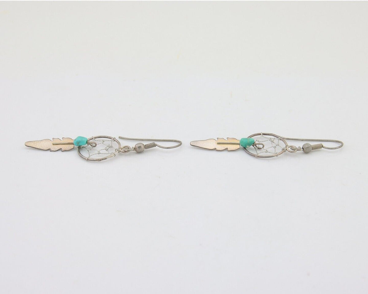 Navajo Dangle Dream Catcher Earrings 925 Silver Blue Turquoise Native Artist C80