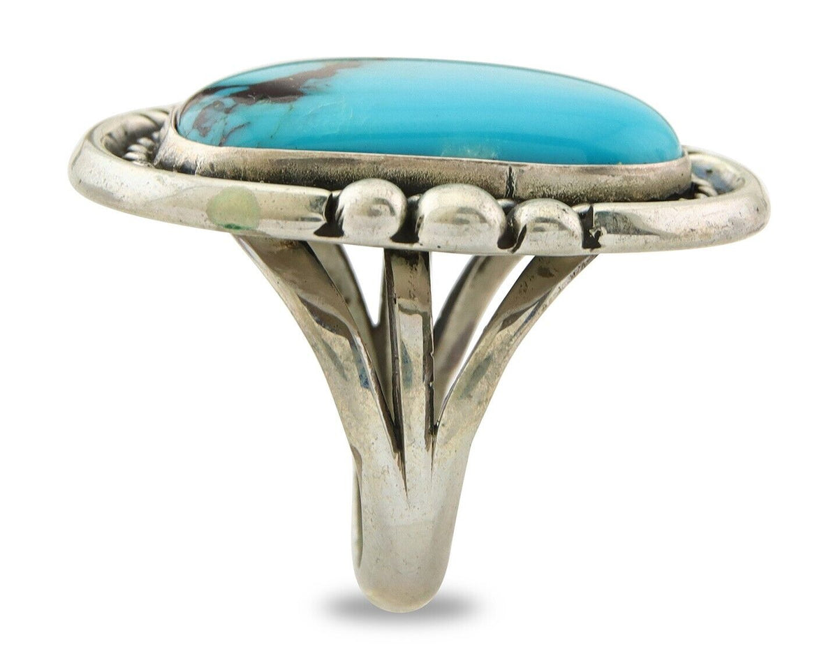 Navajo Ring 925 Sterling Natural Blue Turquoise Signed Ben S C.80's Size 8.0