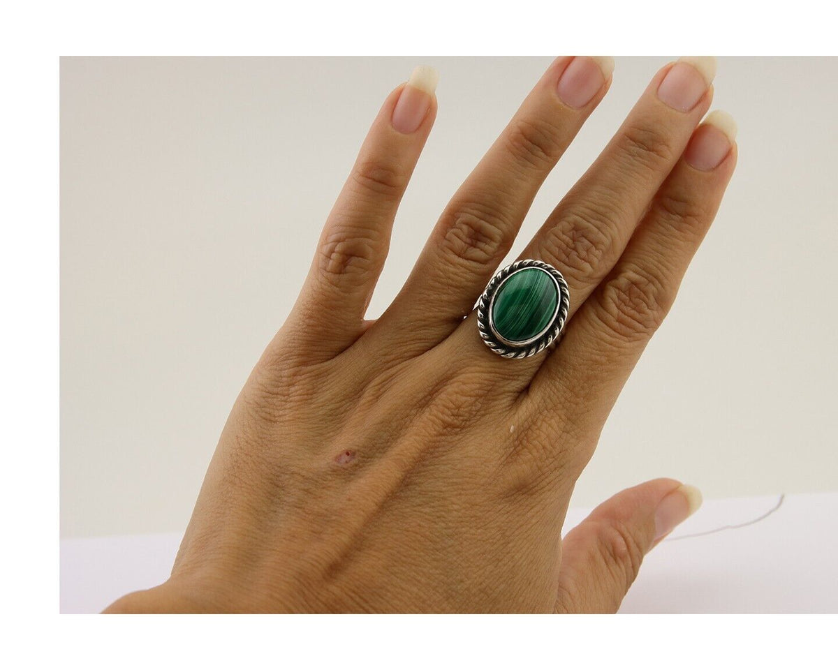 Navajo Ring 925 Silver Natural Malachite Native American Artist C.80's