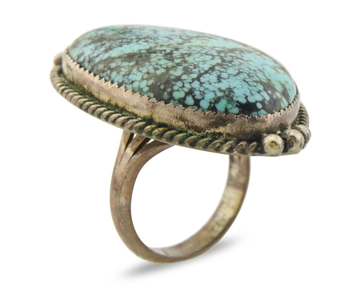 Navajo Ring 925 Sterling Spiderweb Blue Turquoise Native Artist C.80's Size 7.5
