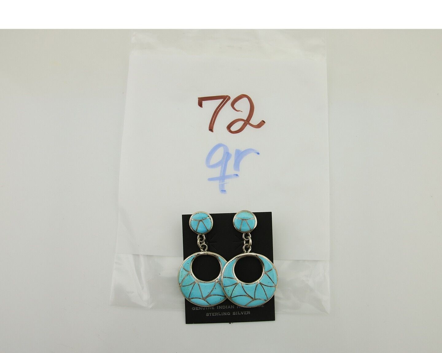 Zuni Dangle Earrings 925 Silver Natural Blue Turquoise Signed ELB C.80's