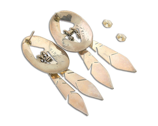 Navajo Feather Earrings 925 Silver Dangle Artist Signed DISHTA C.80's