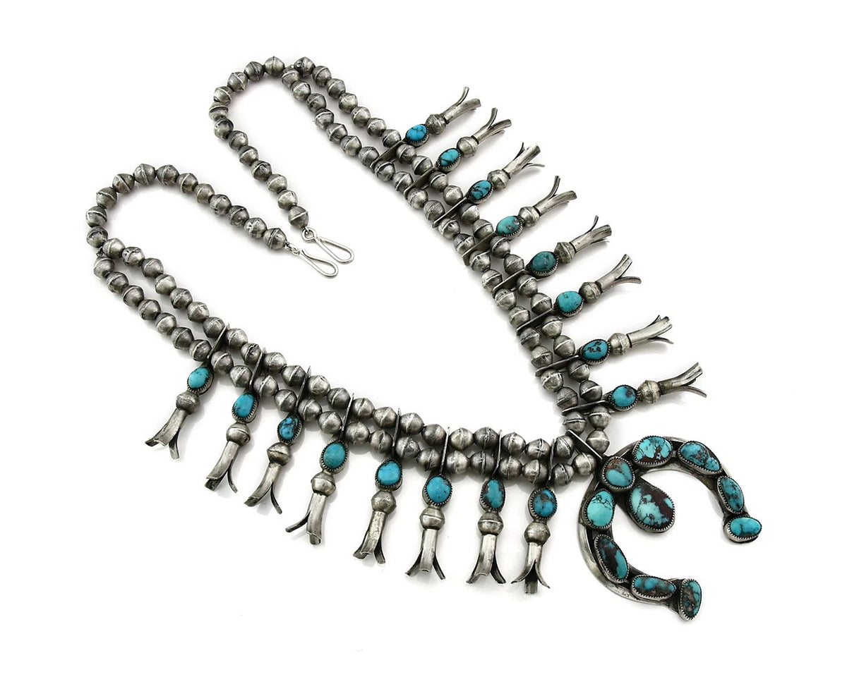 Navajo Squash Necklace Natural Bisbee Turquoise Handmade Vintage C.70's