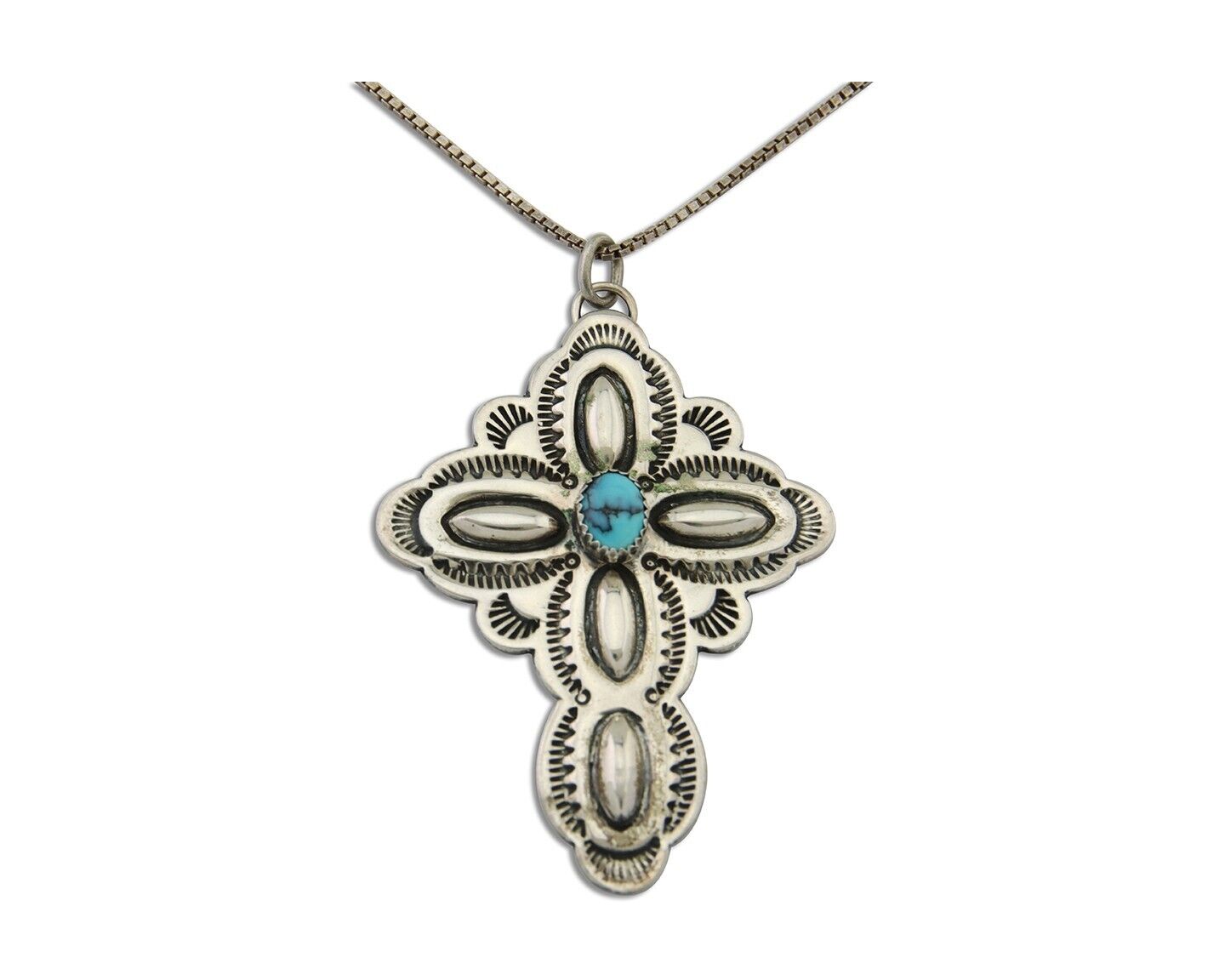 Navajo Cross Hand Stamped Necklace 925 Silver Turquoise Artist JRS C.80's
