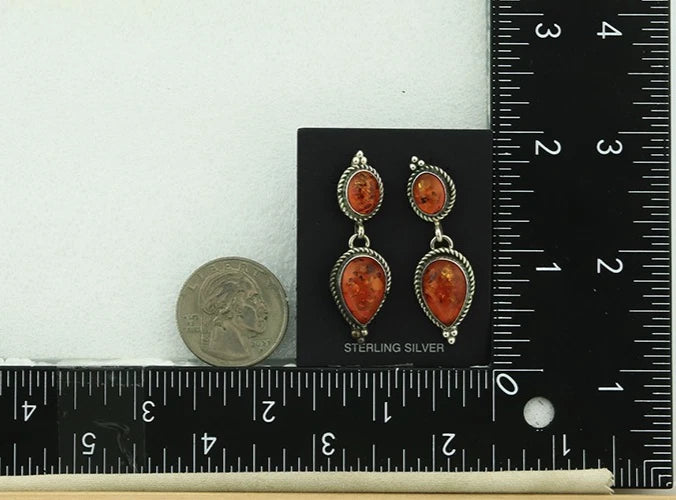 Navajo Dangle Earrings Sterling Silver Natural Amber Handmade Vintage