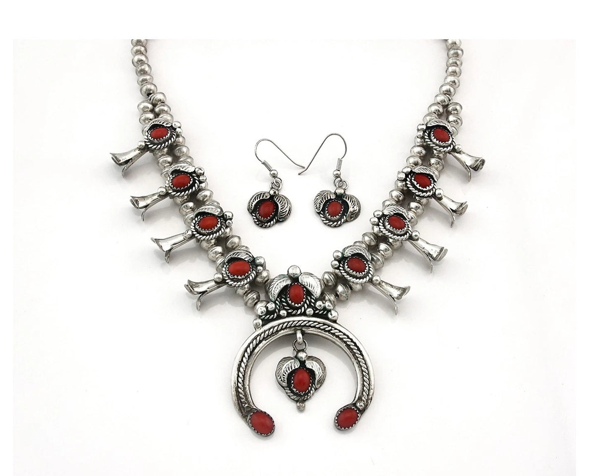 Navajo Squash Necklace Earring Set Sterling Silver Vintage Handmade C.80's