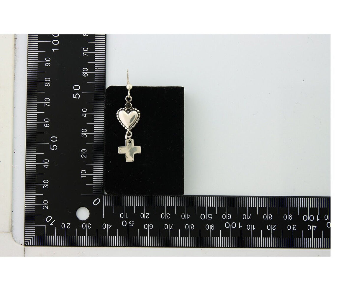 Navajo Earrings 925 Silver Heart Cross Natural Onyx Native American Artist C.80s
