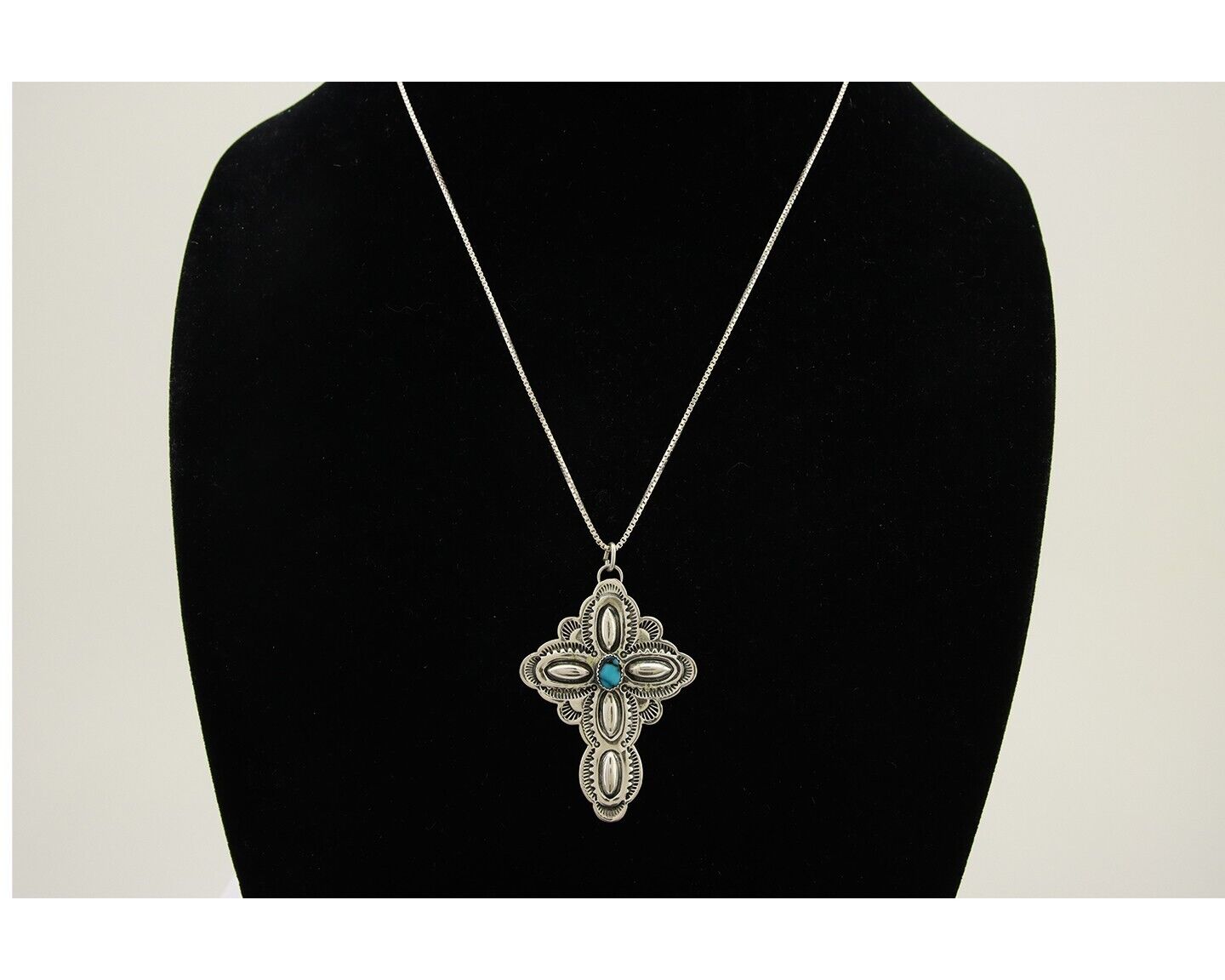 Navajo Cross Hand Stamped Necklace 925 Silver Turquoise Native Artist C.80's