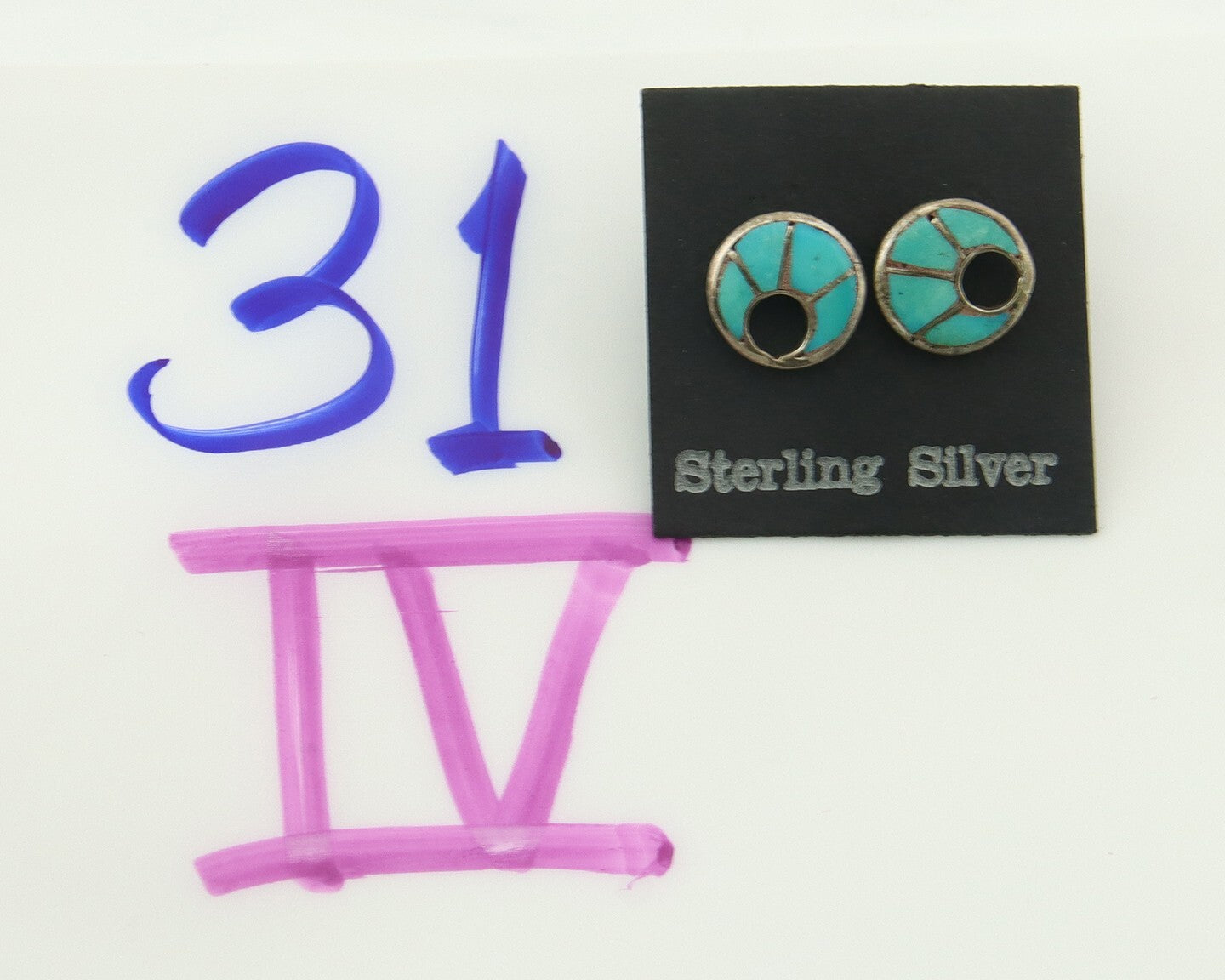 Zuni Earrings 925 Silver Inlaid Turquoise Native American Artist C.80's