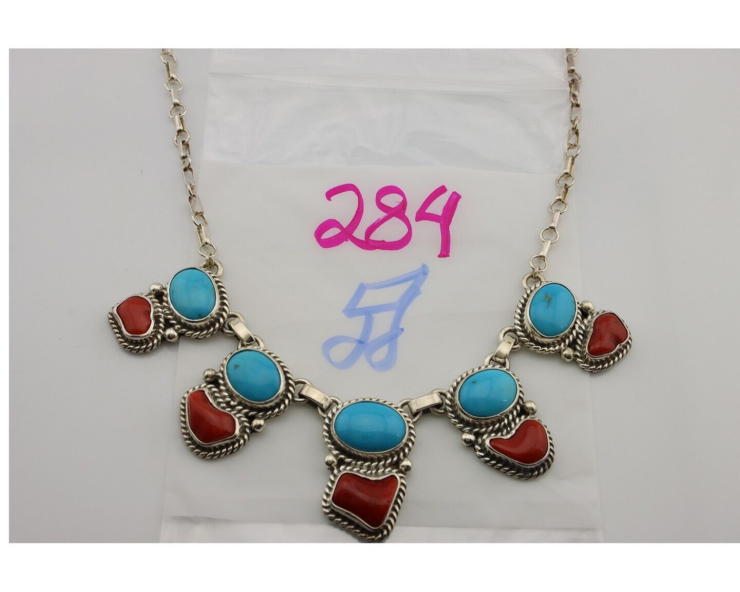 Navajo Necklace 925 Silver Natural Blue Turquoise & Coral Native American C80s