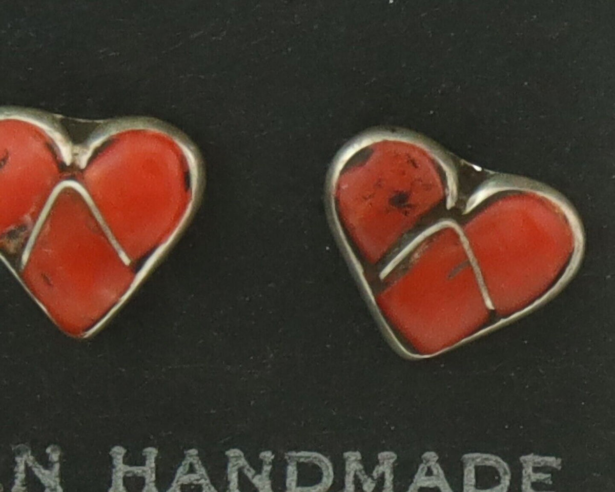 Navajo Heart Earrings 925 Silver Natural Inlaid Coral Native American Artist C80
