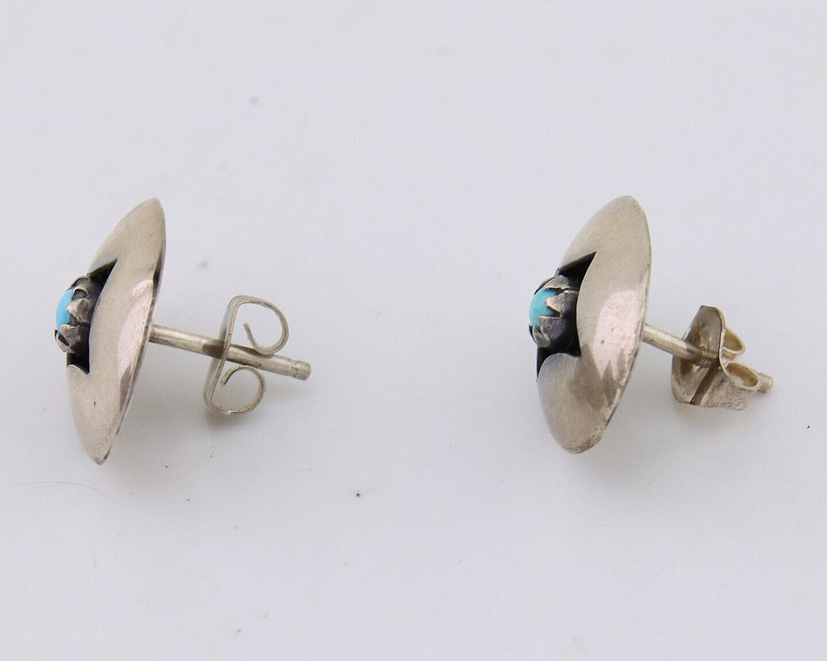 Navajo Shield Earrings 925 Silver Natural Turquoise Native American Artist C.80s