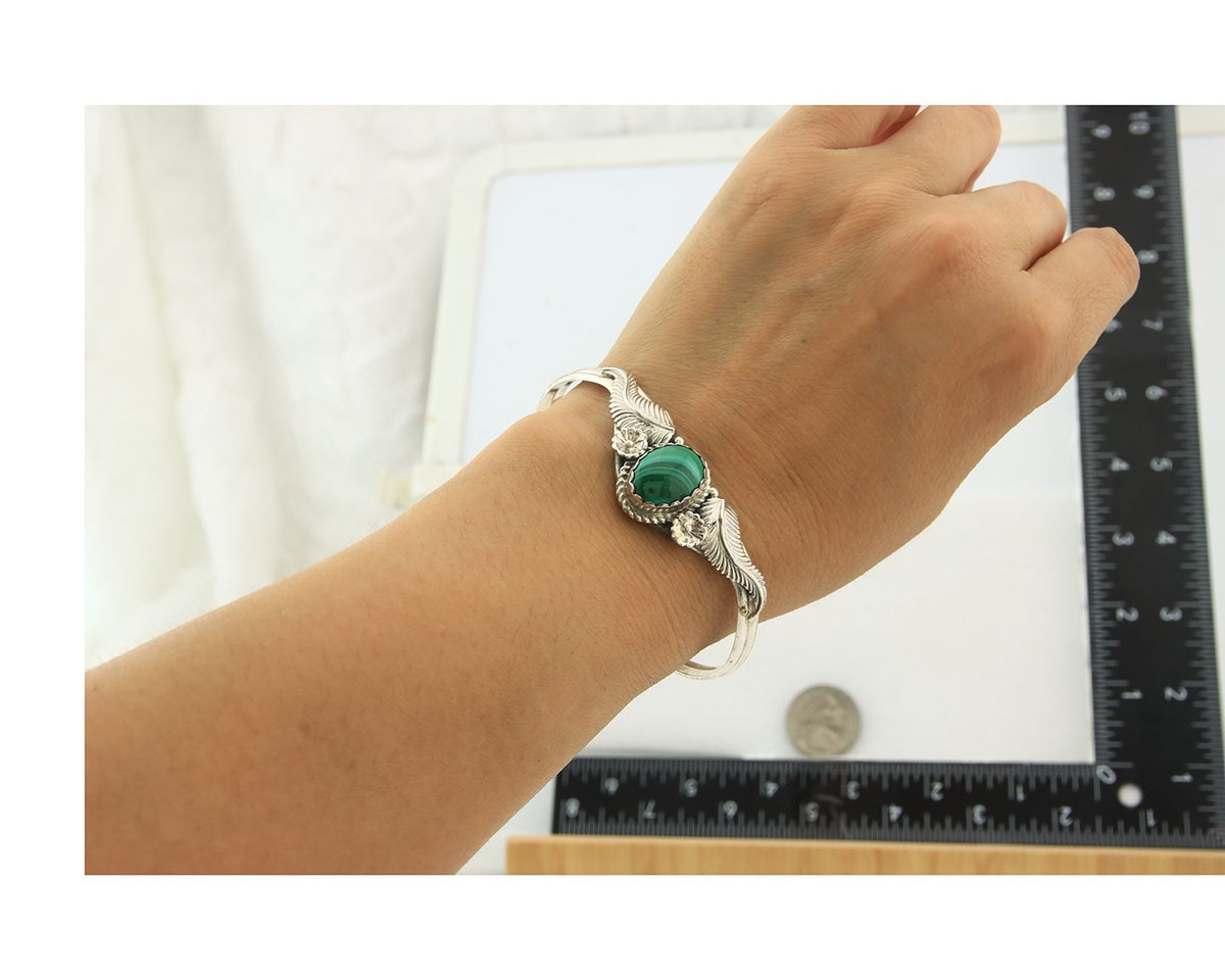 Navajo Cuff Bracelet Sterling Silver Natural Malachite Vintage Signed SN