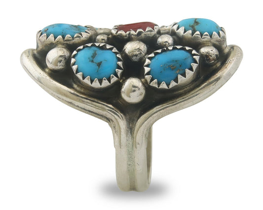 Navajo Ring 925 Sterling Natural Coral & Turquoise Signed MM C.80's Size 6.25