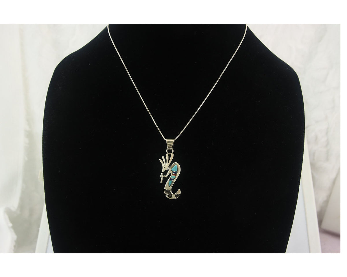 Navajo Kokopelli Necklace Sterling Silver Natural Gemstone Vintage Signed Paw