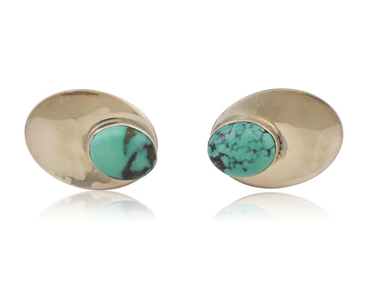 Navajo Shield Earrings 925 Silver Natural Turquoise Signed Ella Peters C.80's