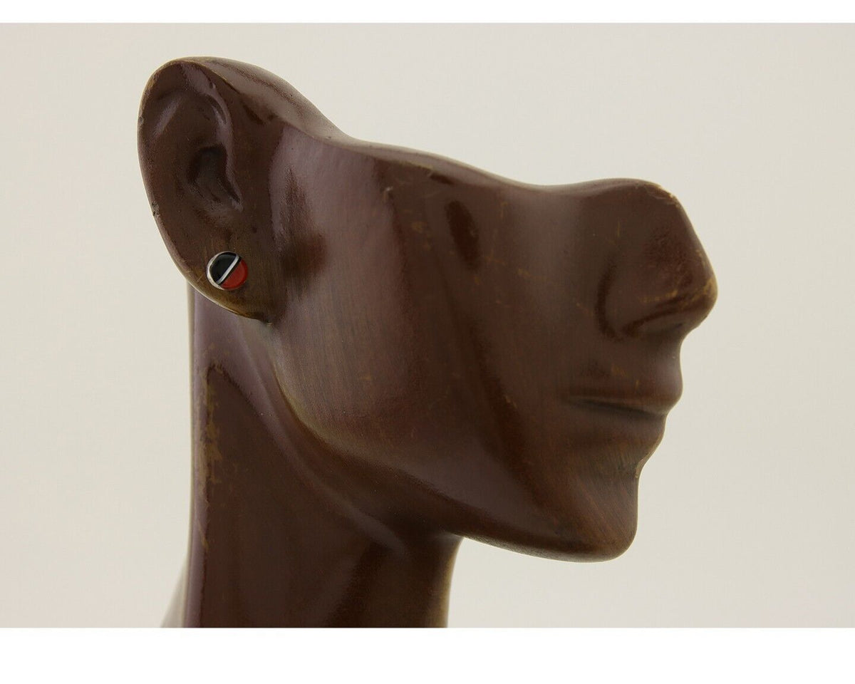 Navajo Earrings 925 Silver Inlaid Natural Onyx & Coral Native Artist C.80's