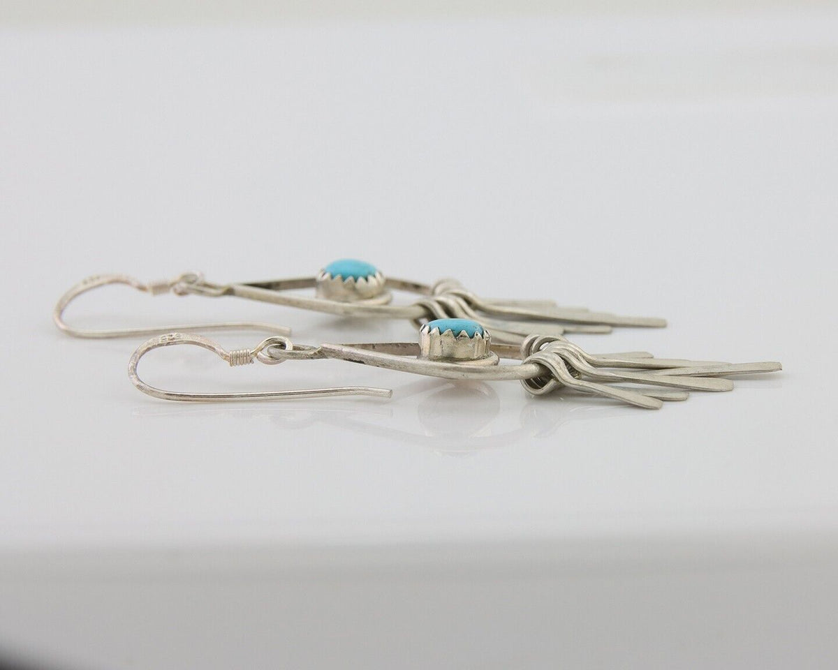 Navajo Dangle Earrings 925 Silver Natural Turquoise Artist Signed JB C.80's