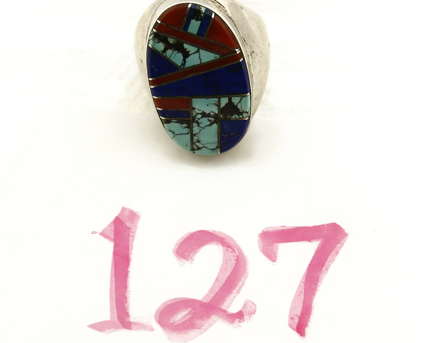 Navajo Ring .925 Sterling Silver Turquoise Coral Lapis Natural Gemstone Artist