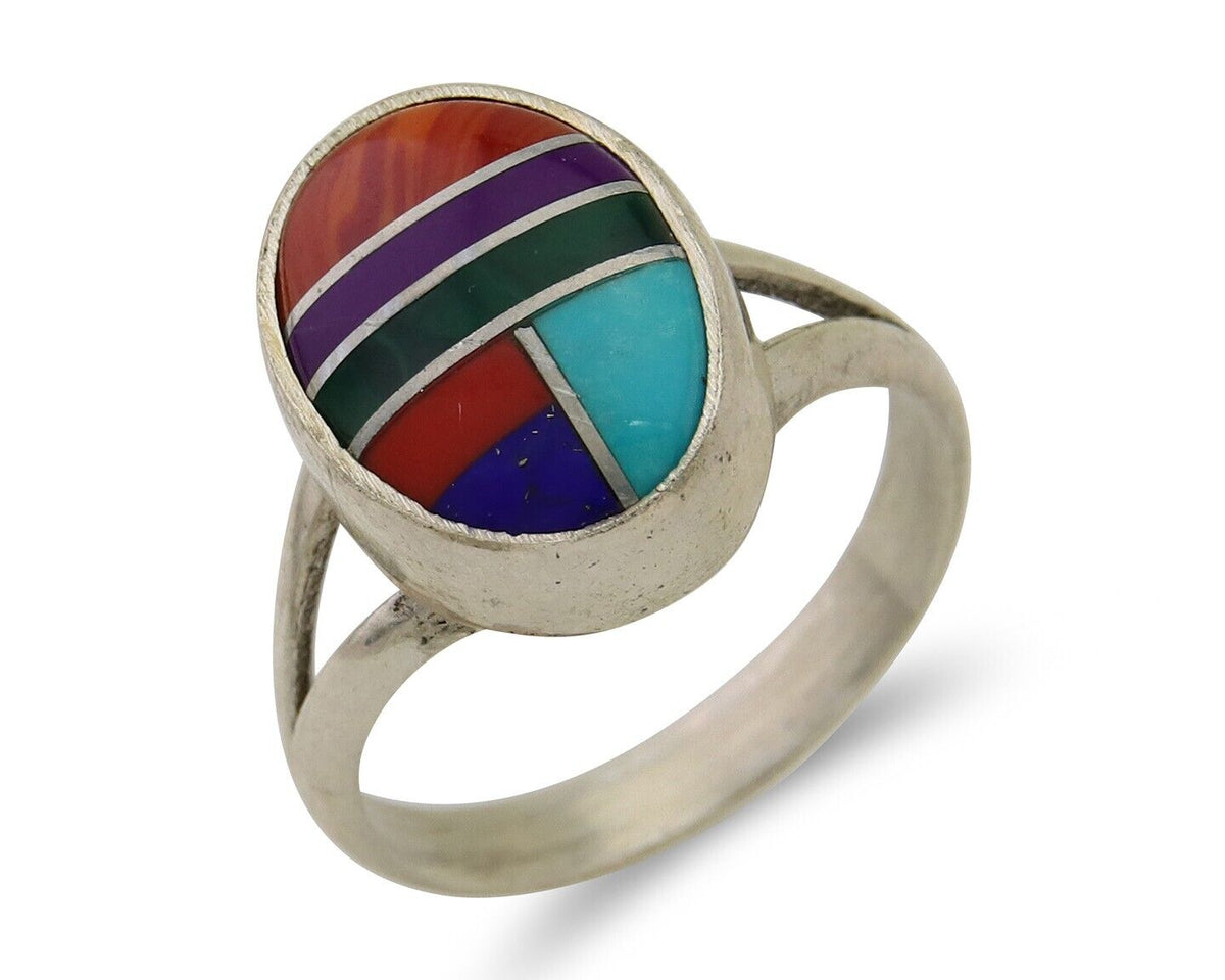 Navajo Ring 925 Sterling Silver Natural Gemstones Artist Signed Sunrise C.80's